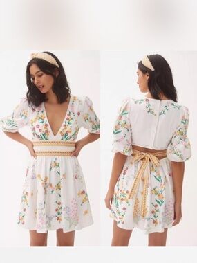 Anthropologie White Floral Embroidered V-Neck Mini Dress NWT